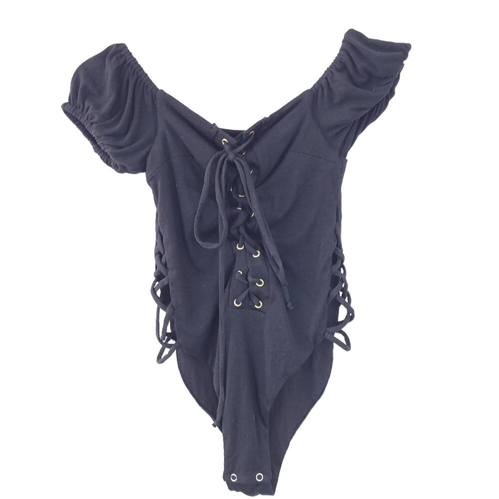 NEW Olivaceous LaceUp Bodysuit Black Small Peasant Boho Festival Short Sleeve